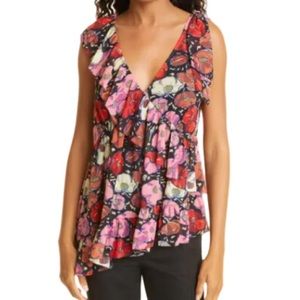 NWT Cinq a Sept Naomi Floral Ruffle Asymmetric Silk Top - Sz S
